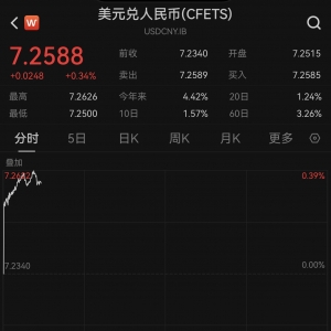 在岸、离岸人民币对美元汇率一度分别跌破7.26和7.28