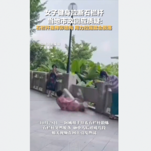 大妈健身拉断石栏杆官方称用力不当，媒体：像是一次无意抽检 ...